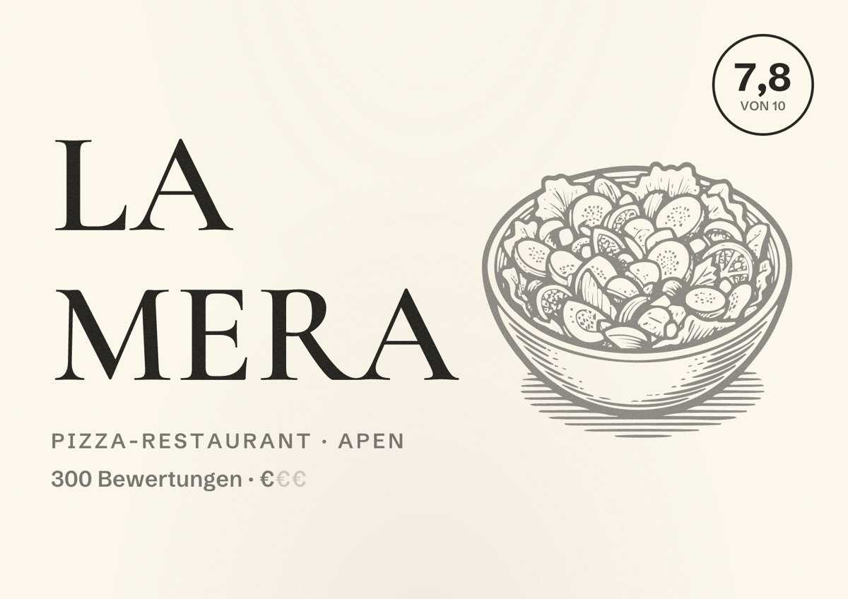 Illustriertes Poster von La Mera, Pizza-Restaurant in Apen: Bewertung 7,8 von 10 aus 300 Bewertungen, Preisniveau €