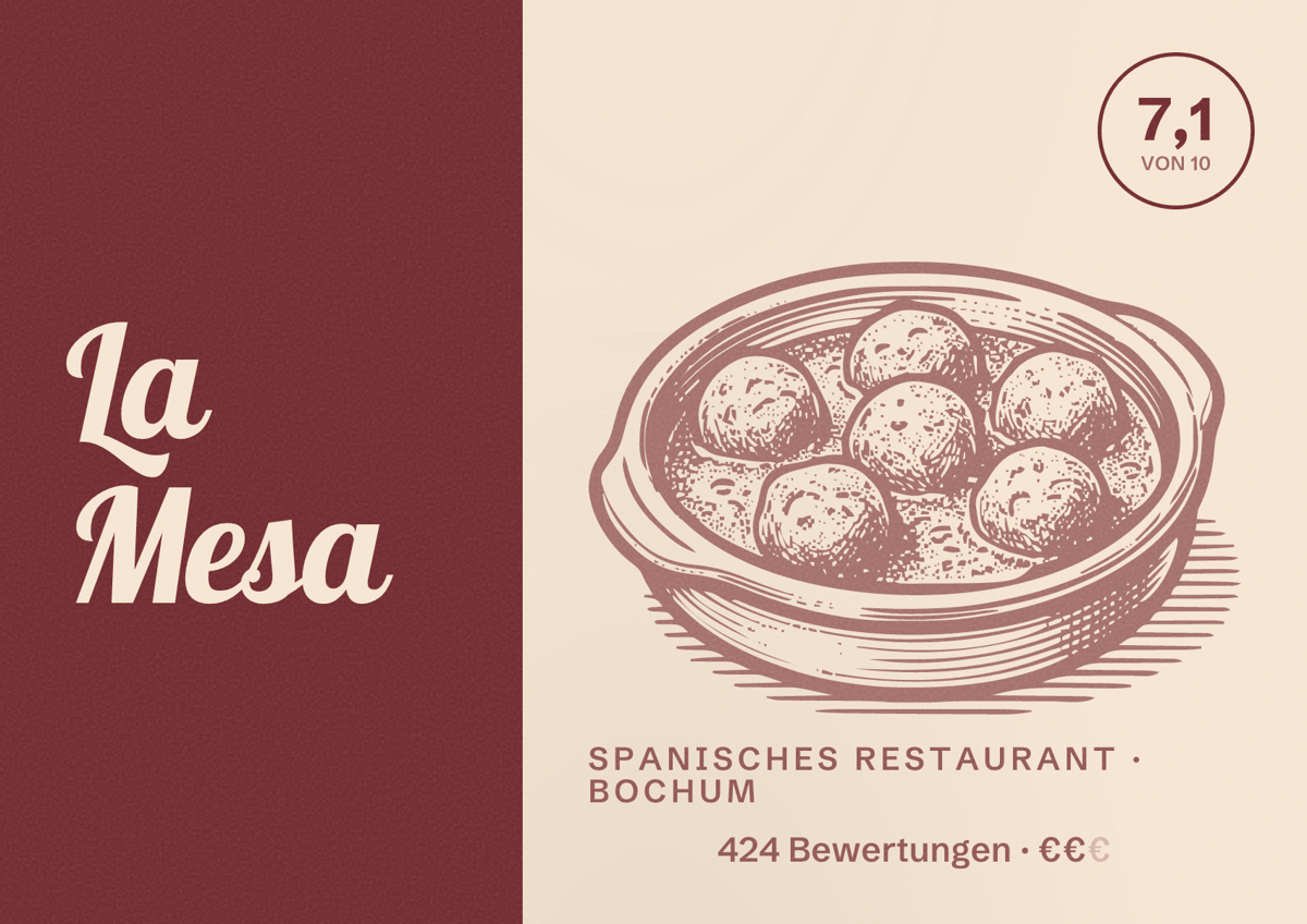Illustriertes Poster von La Mesa, Spanisches Restaurant in Bochum: Bewertung 7,1 von 10 aus 424 Bewertungen, Preisniveau €€