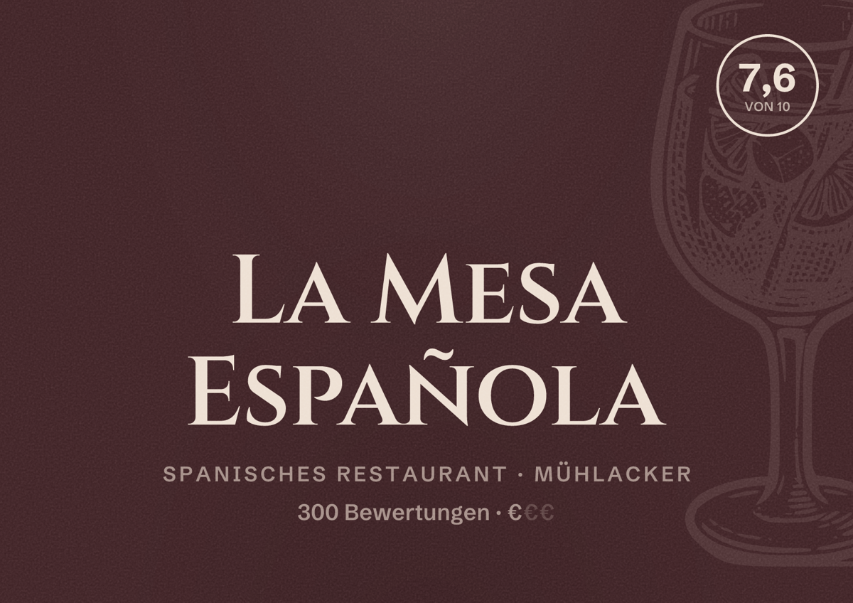 Illustriertes Poster von La Mesa Española, Spanisches Restaurant in Mühlacker: Bewertung 7,6 von 10 aus 300 Bewertungen, Preisniveau €
