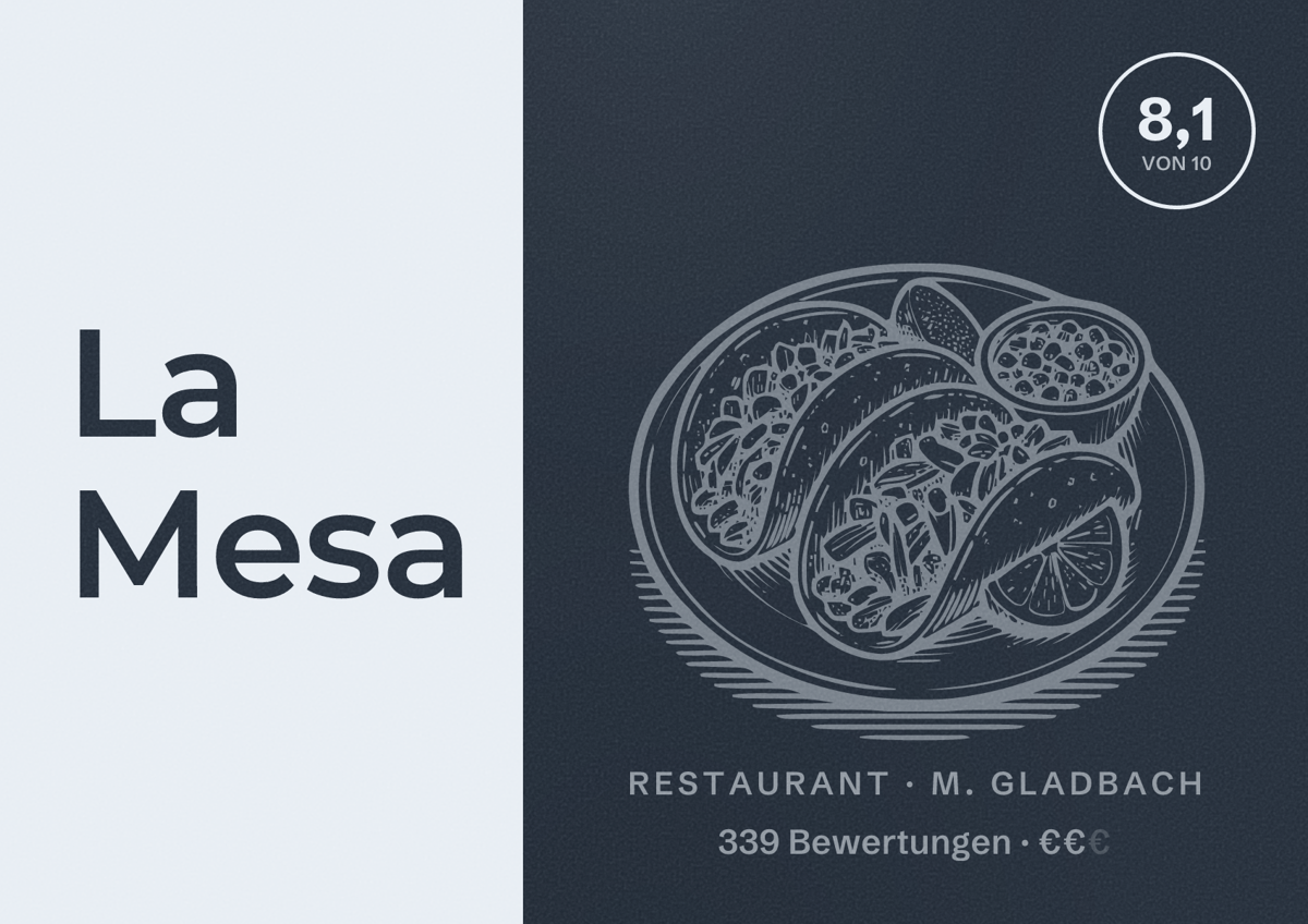 Illustriertes Poster von La Mesa, Restaurant in M. Gladbach: Bewertung 8,1 von 10 aus 339 Bewertungen, Preisniveau €€