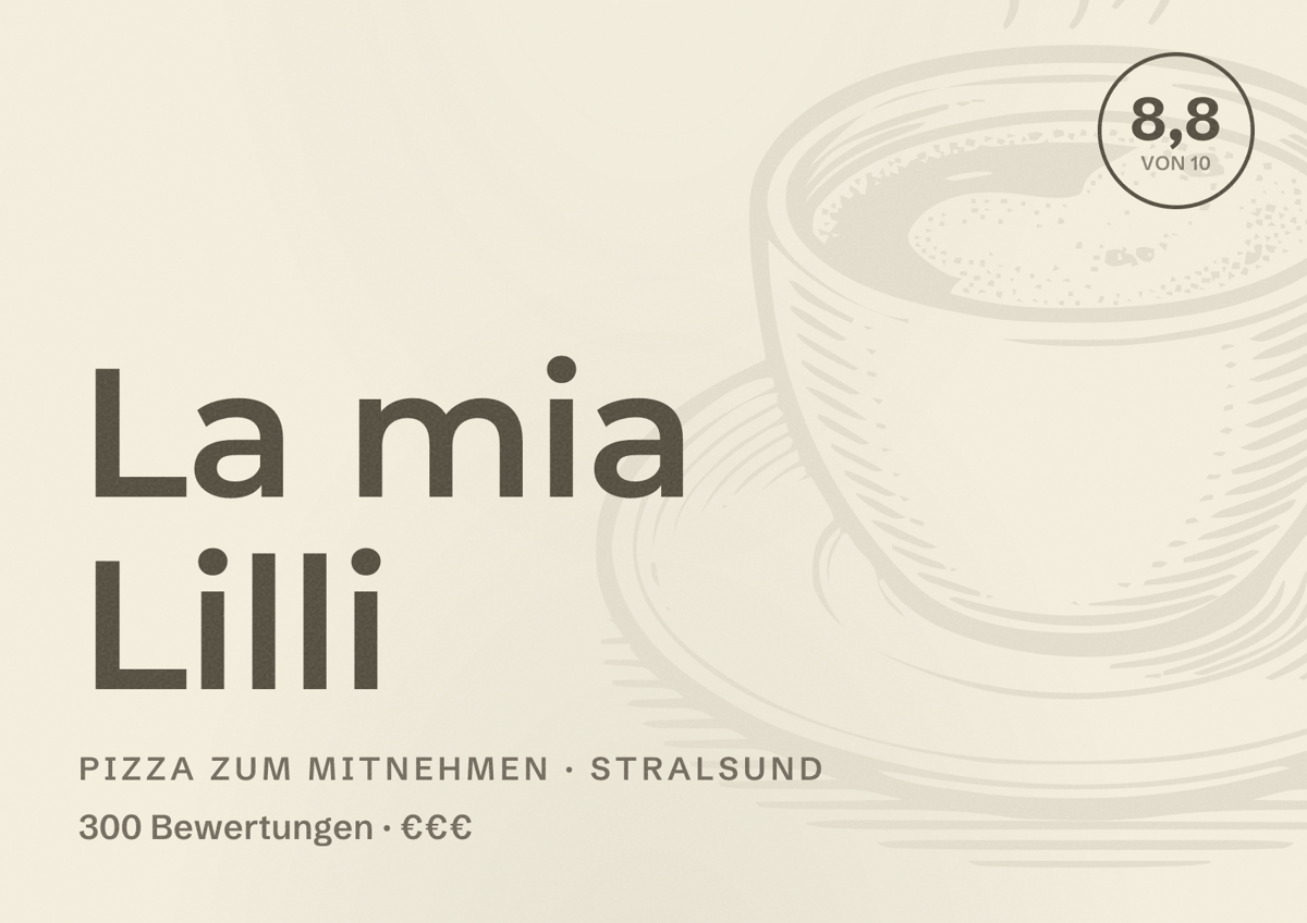 Illustriertes Poster von La mia Lilli, Pizza zum Mitnehmen in Stralsund: Bewertung 8,8 von 10 aus 300 Bewertungen, Preisniveau €€€