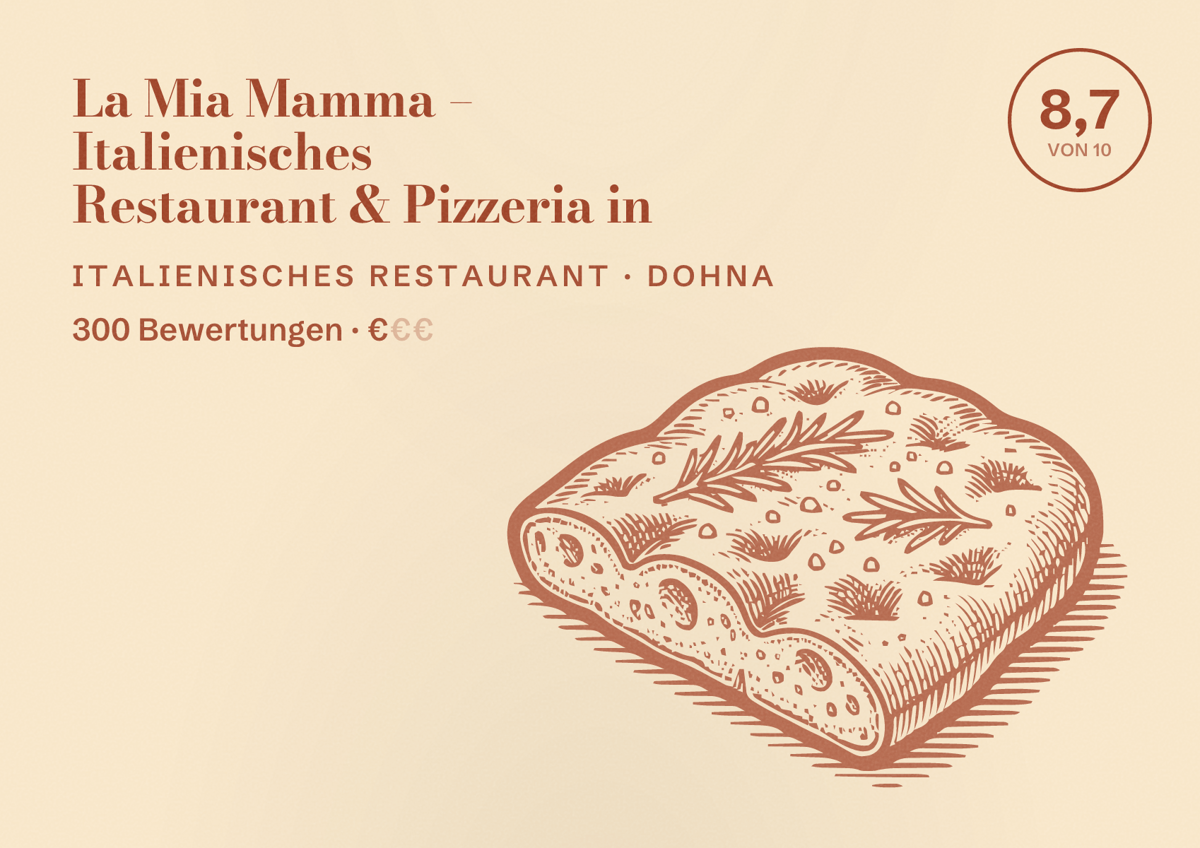 Illustriertes Poster von La Mia Mamma – Italienisches Restaurant & Pizzeria in, Italienisches Restaurant in Dohna: Bewertung 8,7 von 10 aus 300 Bewertungen, Preisniveau €