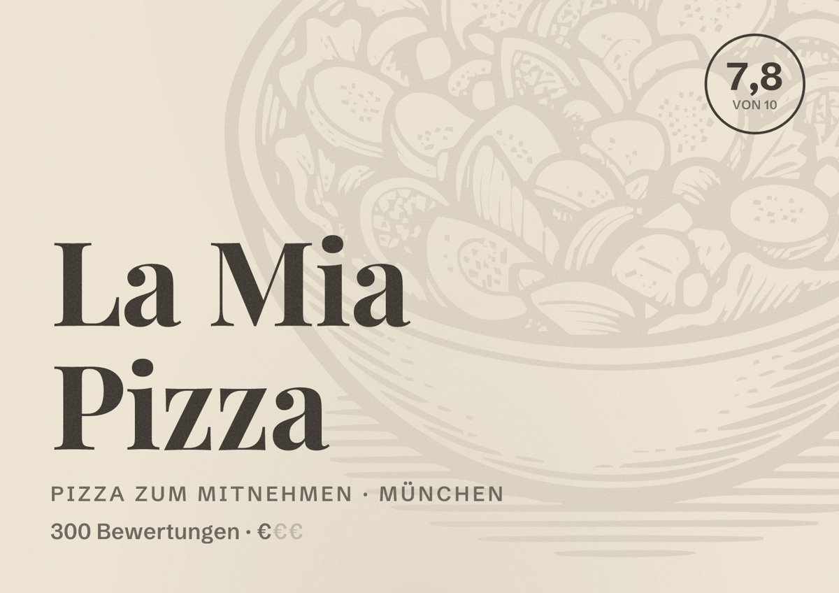 Illustriertes Poster von La Mia Pizza, Pizza zum Mitnehmen in München: Bewertung 7,8 von 10 aus 300 Bewertungen, Preisniveau €