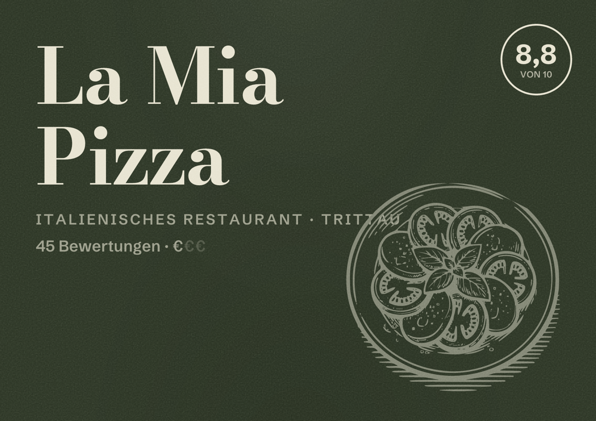Illustriertes Poster von La Mia Pizza, Italienisches Restaurant in Trittau: Bewertung 8,8 von 10 aus 45 Bewertungen, Preisniveau €