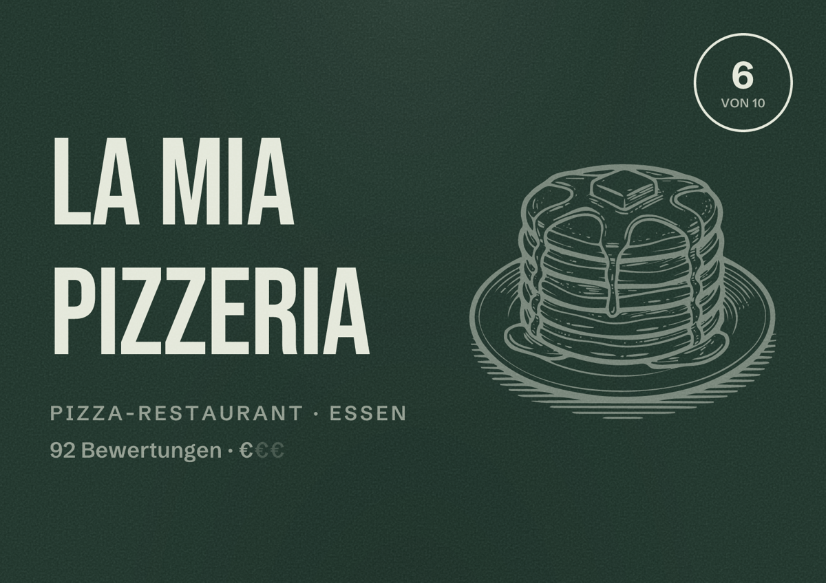 Illustriertes Poster von LA MIA PIZZERIA, Pizza-Restaurant in Essen: Bewertung 6 von 10 aus 92 Bewertungen, Preisniveau €