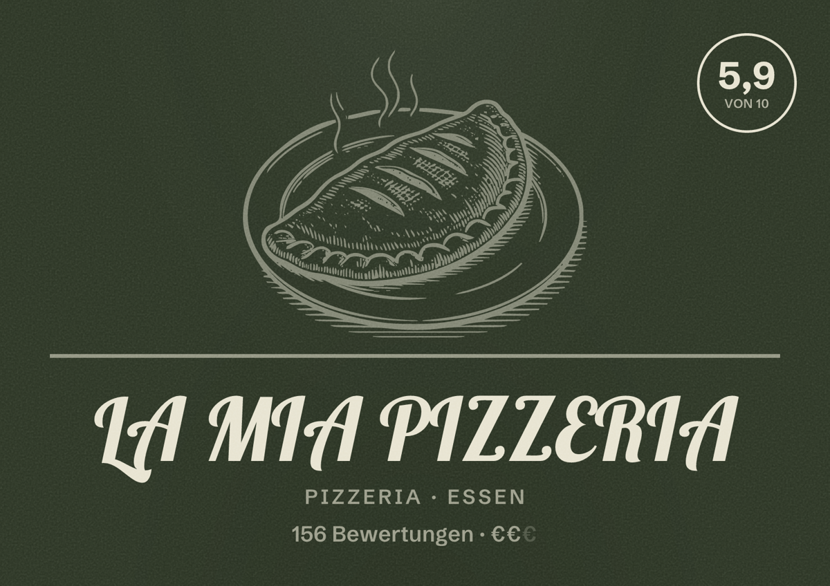 Illustriertes Poster von LA MIA PIZZERIA, Pizzeria in Essen: Bewertung 5,9 von 10 aus 156 Bewertungen, Preisniveau €€