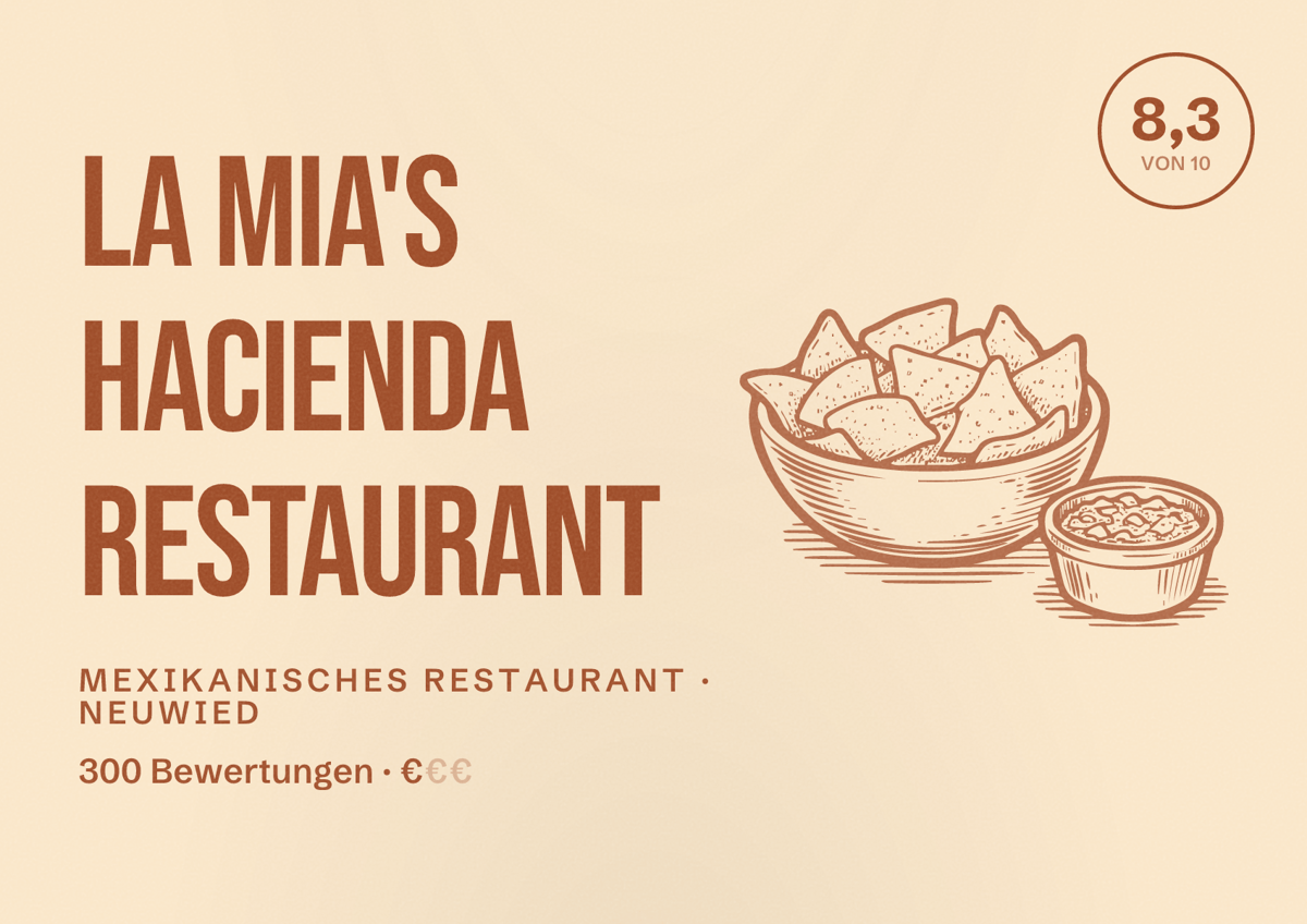 Illustriertes Poster von La Mia's Hacienda Restaurant, Mexikanisches Restaurant in Neuwied: Bewertung 8,3 von 10 aus 300 Bewertungen, Preisniveau €
