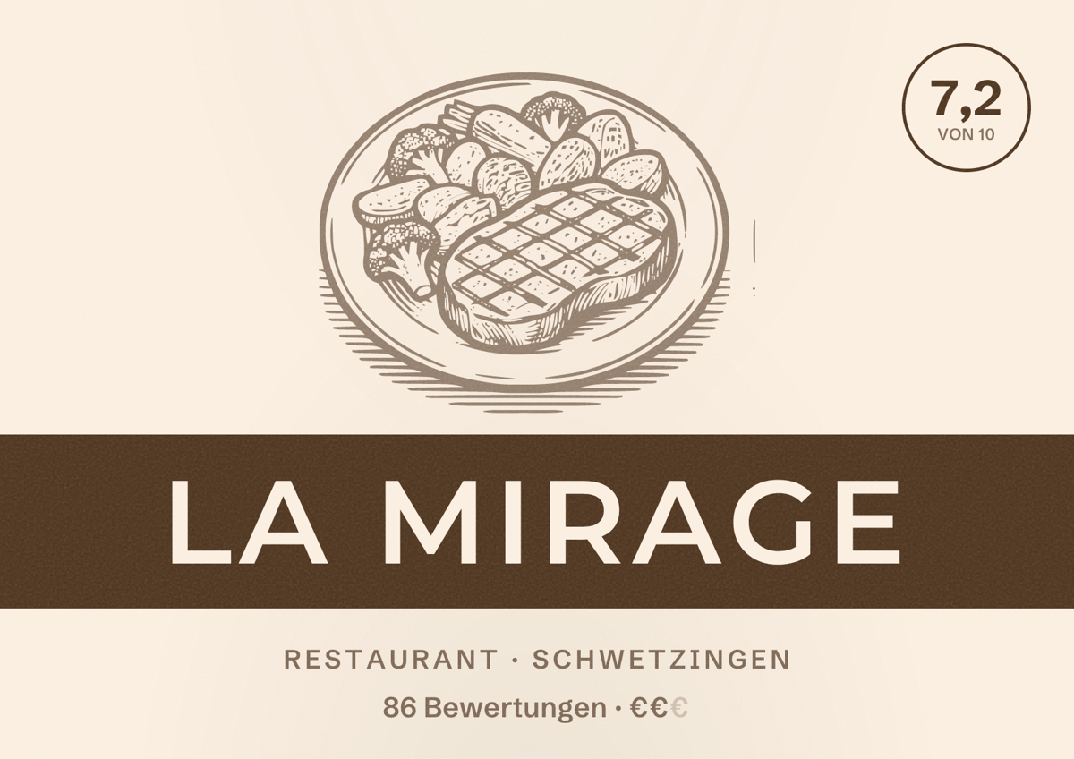 Illustriertes Poster von La MIRAGE, Restaurant in Schwetzingen: Bewertung 7,2 von 10 aus 86 Bewertungen, Preisniveau €€
