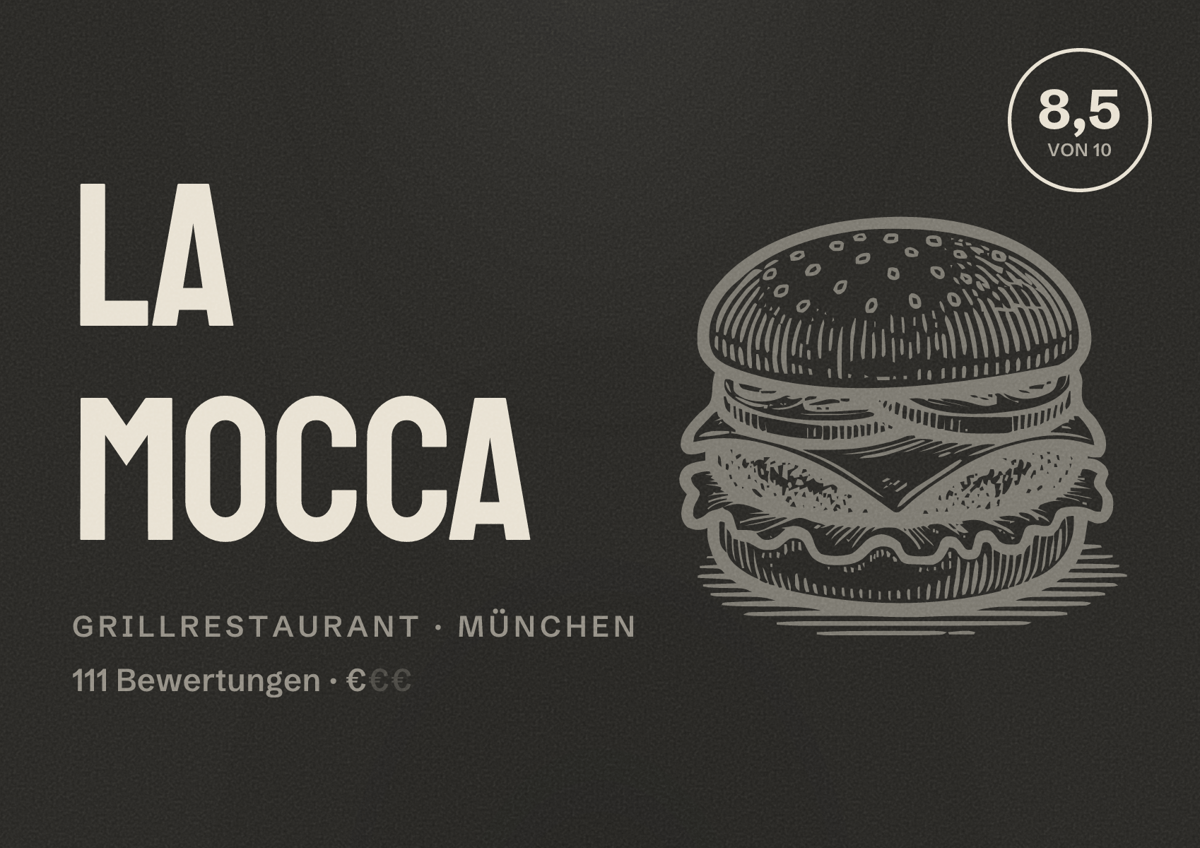 Illustriertes Poster von La Mocca, Grillrestaurant in München: Bewertung 8,5 von 10 aus 111 Bewertungen, Preisniveau €