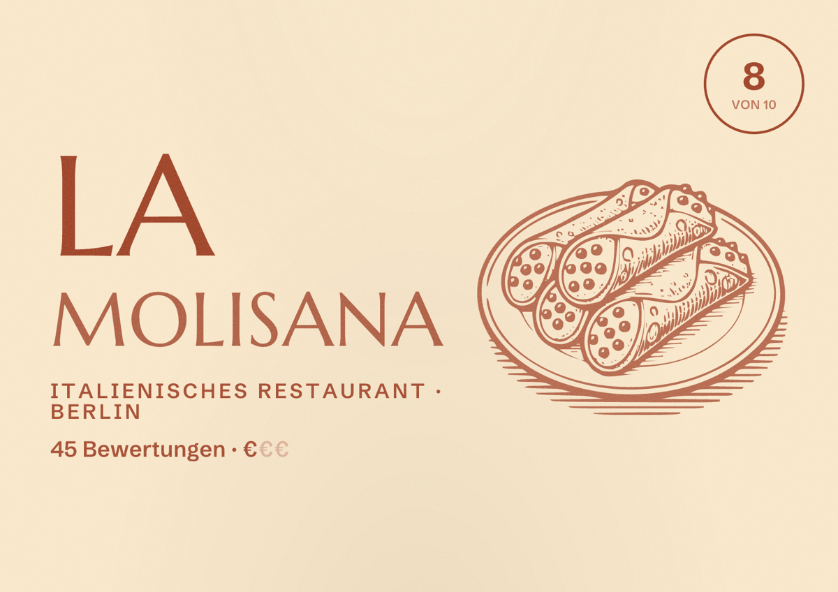 Illustriertes Poster von La Molisana, Italienisches Restaurant in Berlin: Bewertung 8,0 von 10 aus 45 Bewertungen, Preisniveau €