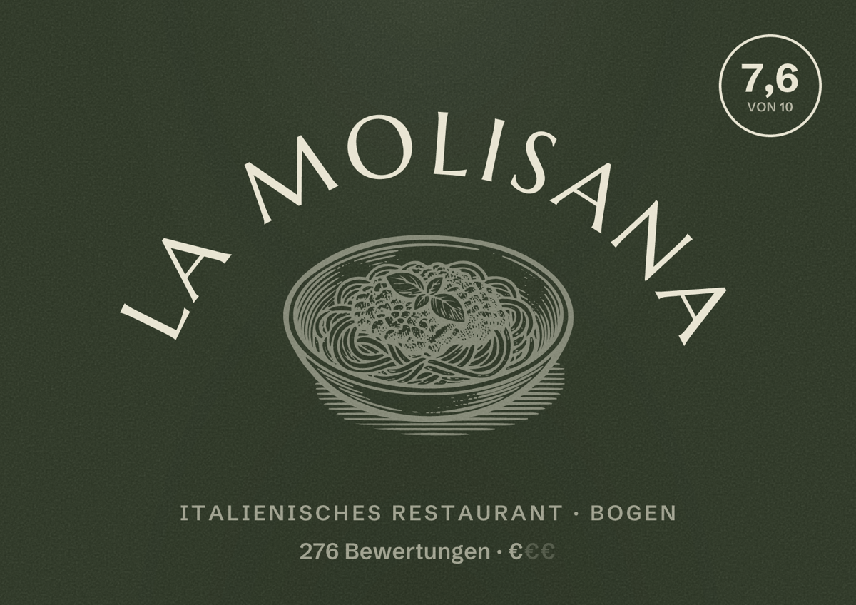 Illustriertes Poster von La Molisana, Italienisches Restaurant in Bogen: Bewertung 7,6 von 10 aus 276 Bewertungen, Preisniveau €