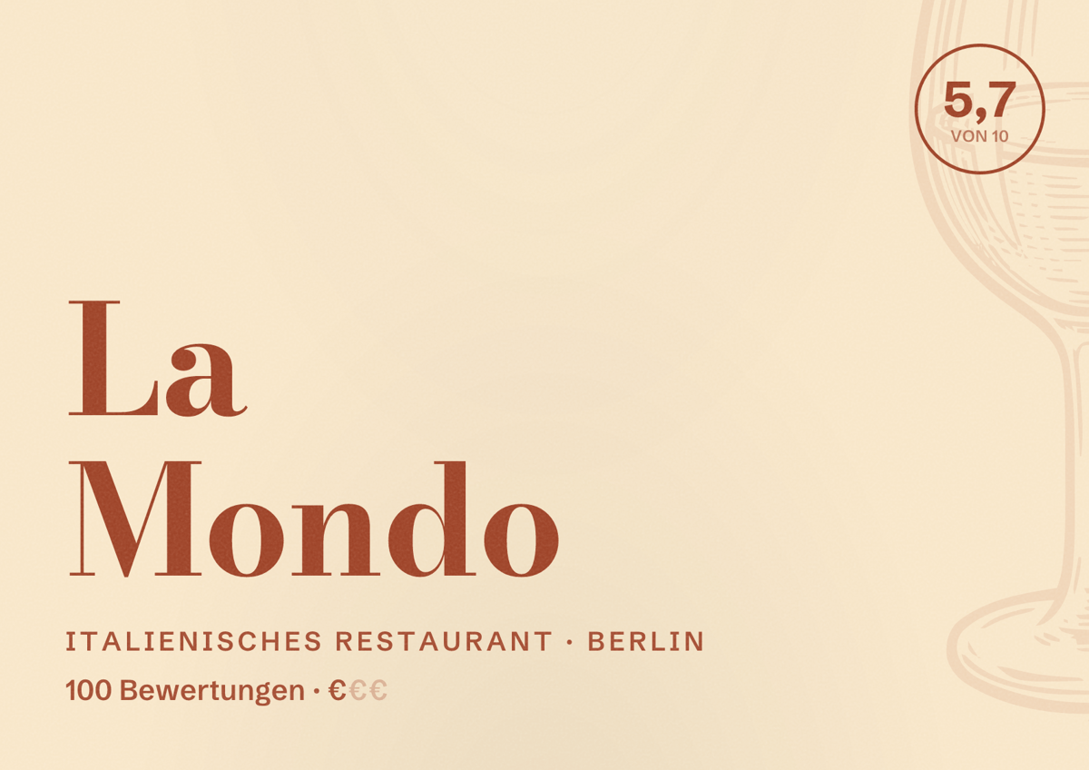 Illustriertes Poster von La Mondo, Italienisches Restaurant in Berlin: Bewertung 5,7 von 10 aus 100 Bewertungen, Preisniveau €