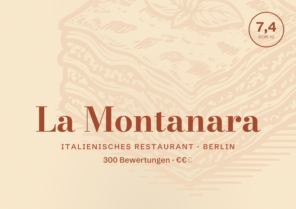 Illustriertes Poster von La Montanara, Italienisches Restaurant in Berlin: Bewertung 7,4 von 10 aus 300 Bewertungen, Preisniveau €€