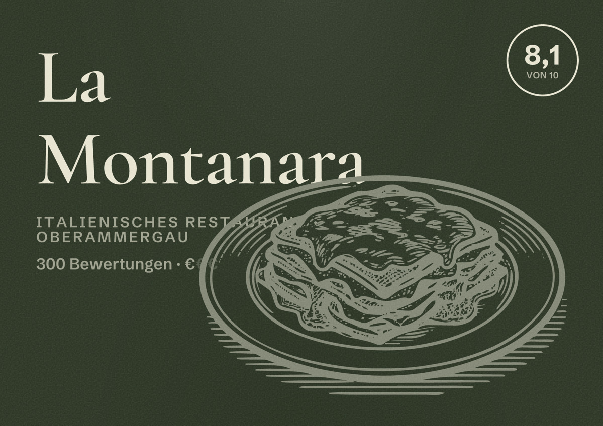 Illustriertes Poster von La Montanara, Italienisches Restaurant in Oberammergau: Bewertung 8,1 von 10 aus 300 Bewertungen, Preisniveau €