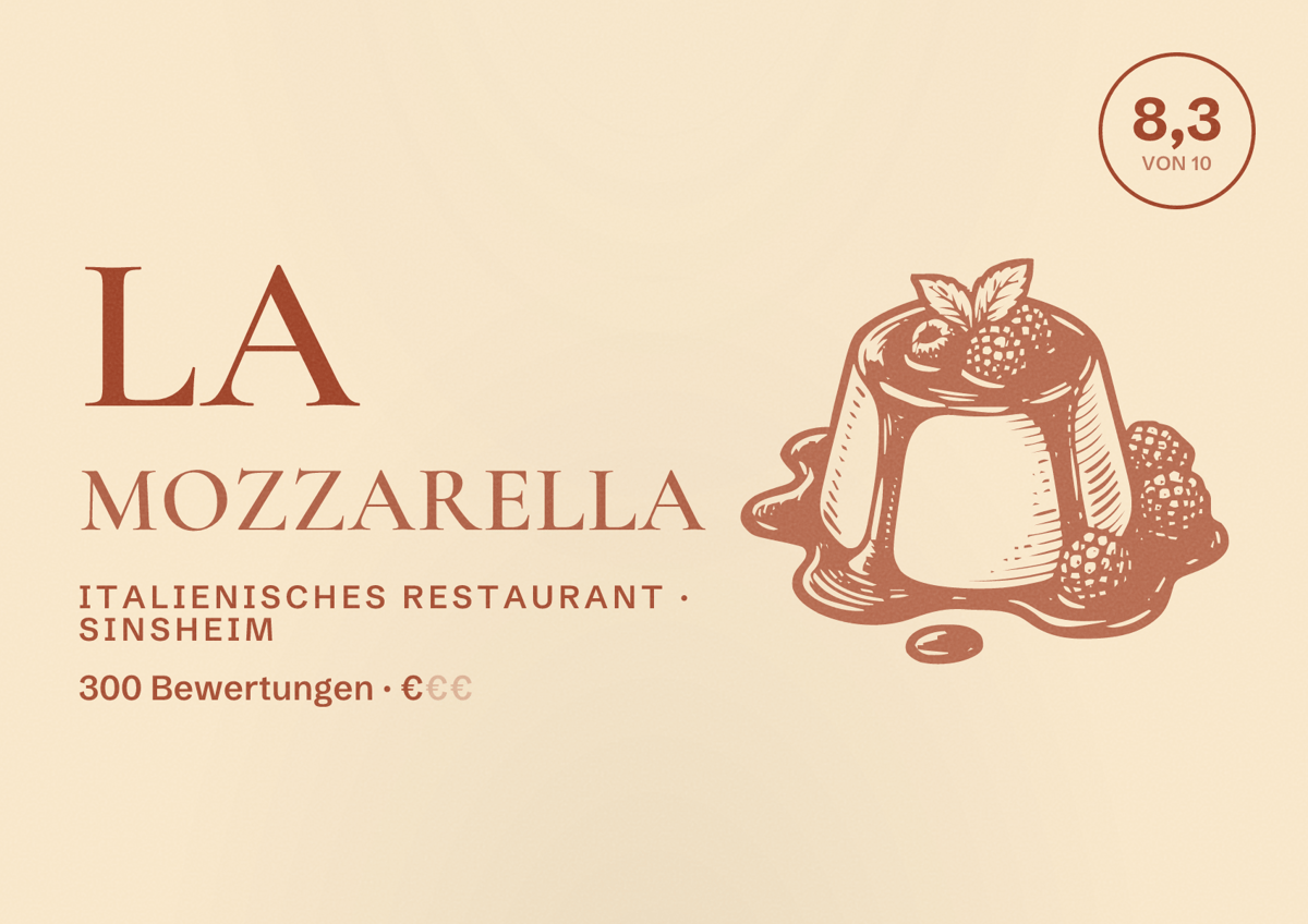 Illustriertes Poster von La Mozzarella, Italienisches Restaurant in Sinsheim: Bewertung 8,3 von 10 aus 300 Bewertungen, Preisniveau €