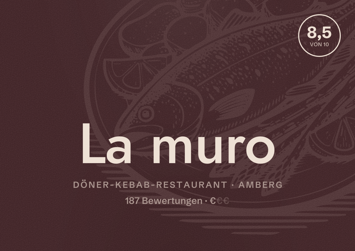 Illustriertes Poster von La muro, Döner-Kebab-Restaurant in Amberg: Bewertung 8,5 von 10 aus 187 Bewertungen, Preisniveau €