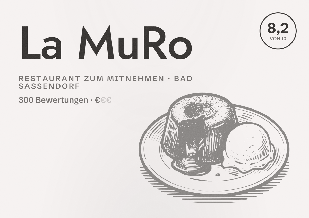 Illustriertes Poster von La MuRo, Restaurant zum Mitnehmen in Bad Sassendorf: Bewertung 8,2 von 10 aus 300 Bewertungen, Preisniveau €