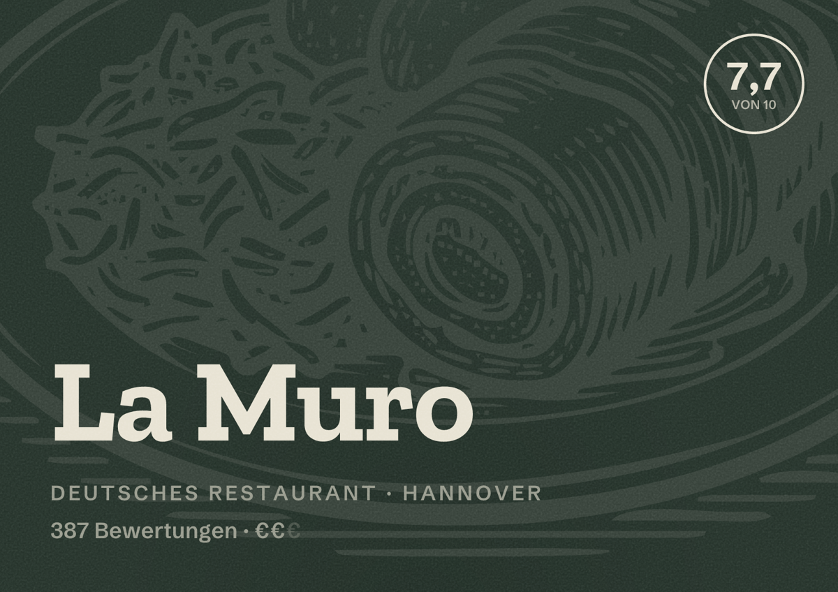 Illustriertes Poster von La Muro, Deutsches Restaurant in Hannover: Bewertung 7,7 von 10 aus 387 Bewertungen, Preisniveau €€