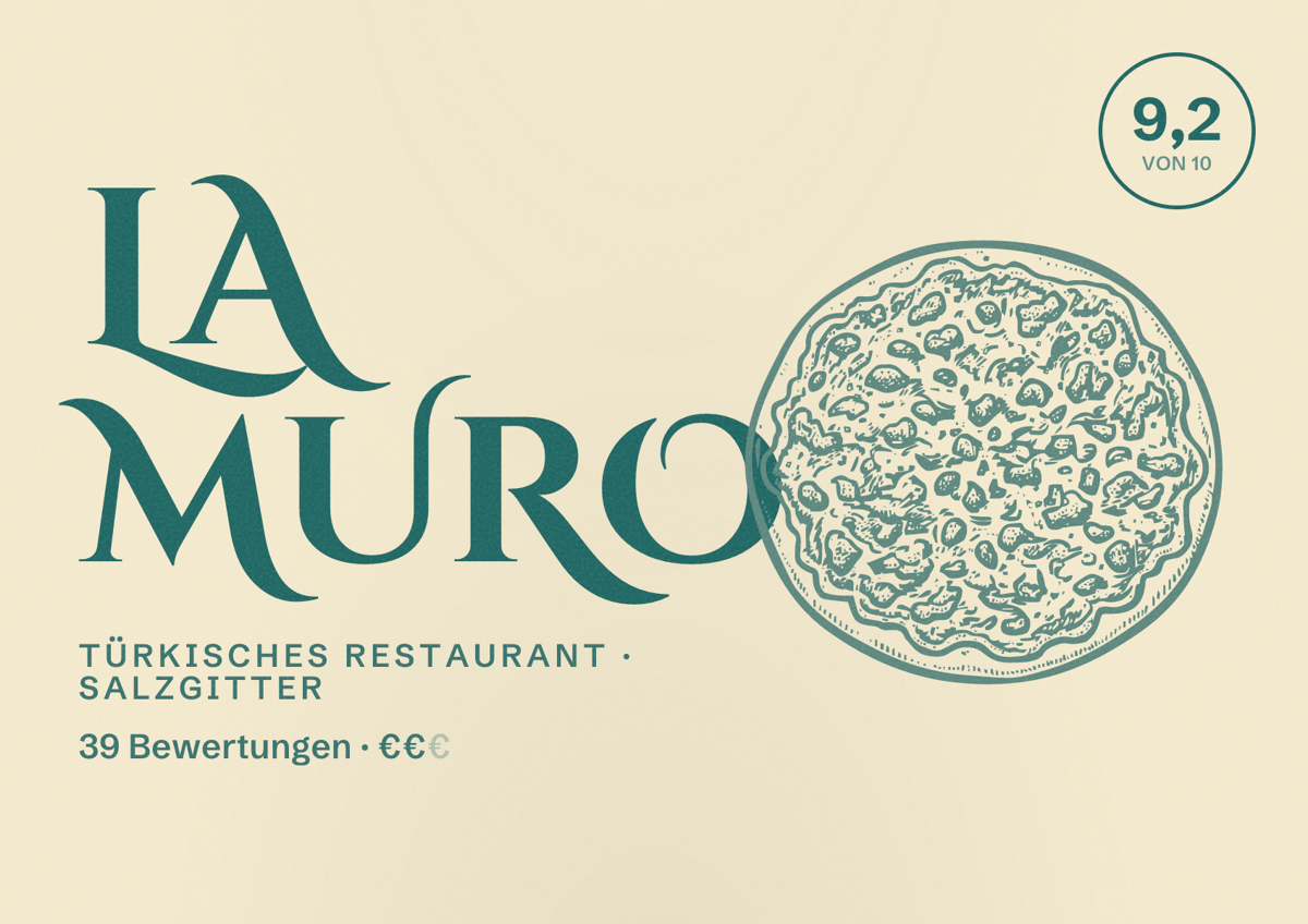 Illustriertes Poster von La Muro, Türkisches Restaurant in Salzgitter: Bewertung 9,2 von 10 aus 39 Bewertungen, Preisniveau €€