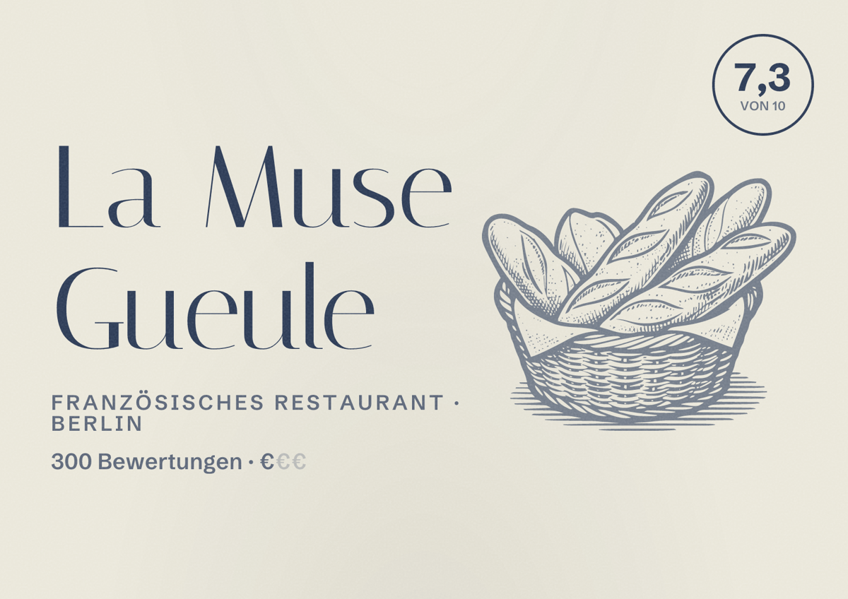 Illustriertes Poster von La Muse Gueule, Französisches Restaurant in Berlin: Bewertung 7,3 von 10 aus 300 Bewertungen, Preisniveau €