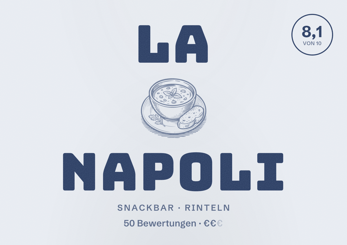 Illustriertes Poster von La Napoli, Snackbar in Rinteln: Bewertung 8,1 von 10 aus 50 Bewertungen, Preisniveau €€