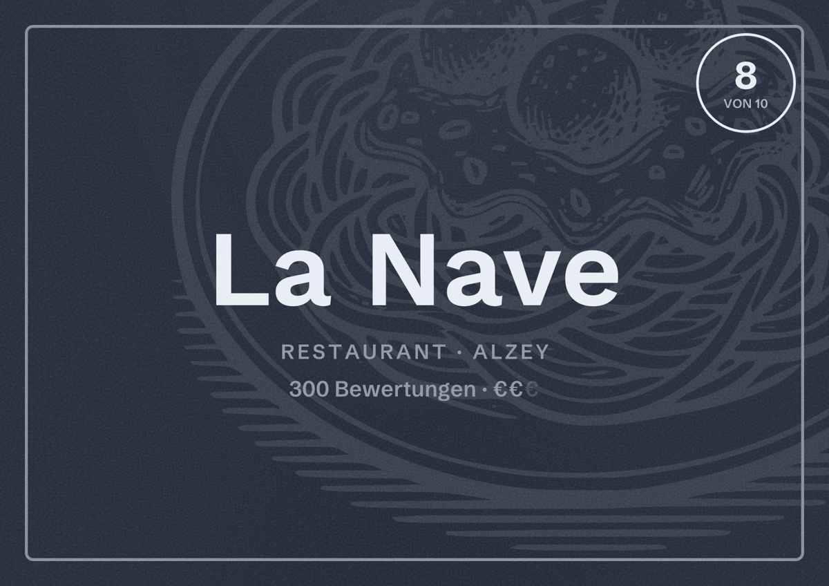 Illustriertes Poster von La Nave, Restaurant in Alzey: Bewertung 8 von 10 aus 300 Bewertungen, Preisniveau €€