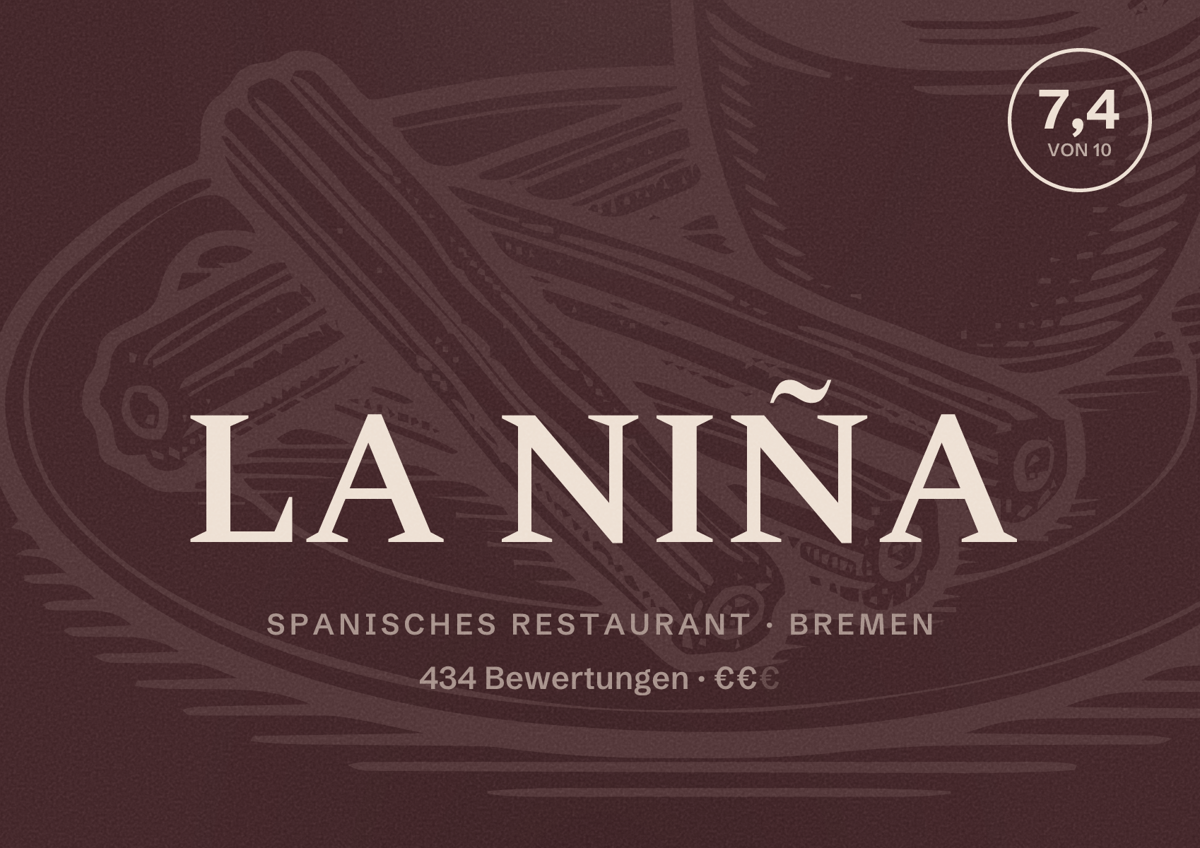 Illustriertes Poster von LA NIÑA, Spanisches Restaurant in Bremen: Bewertung 7,4 von 10 aus 434 Bewertungen, Preisniveau €€