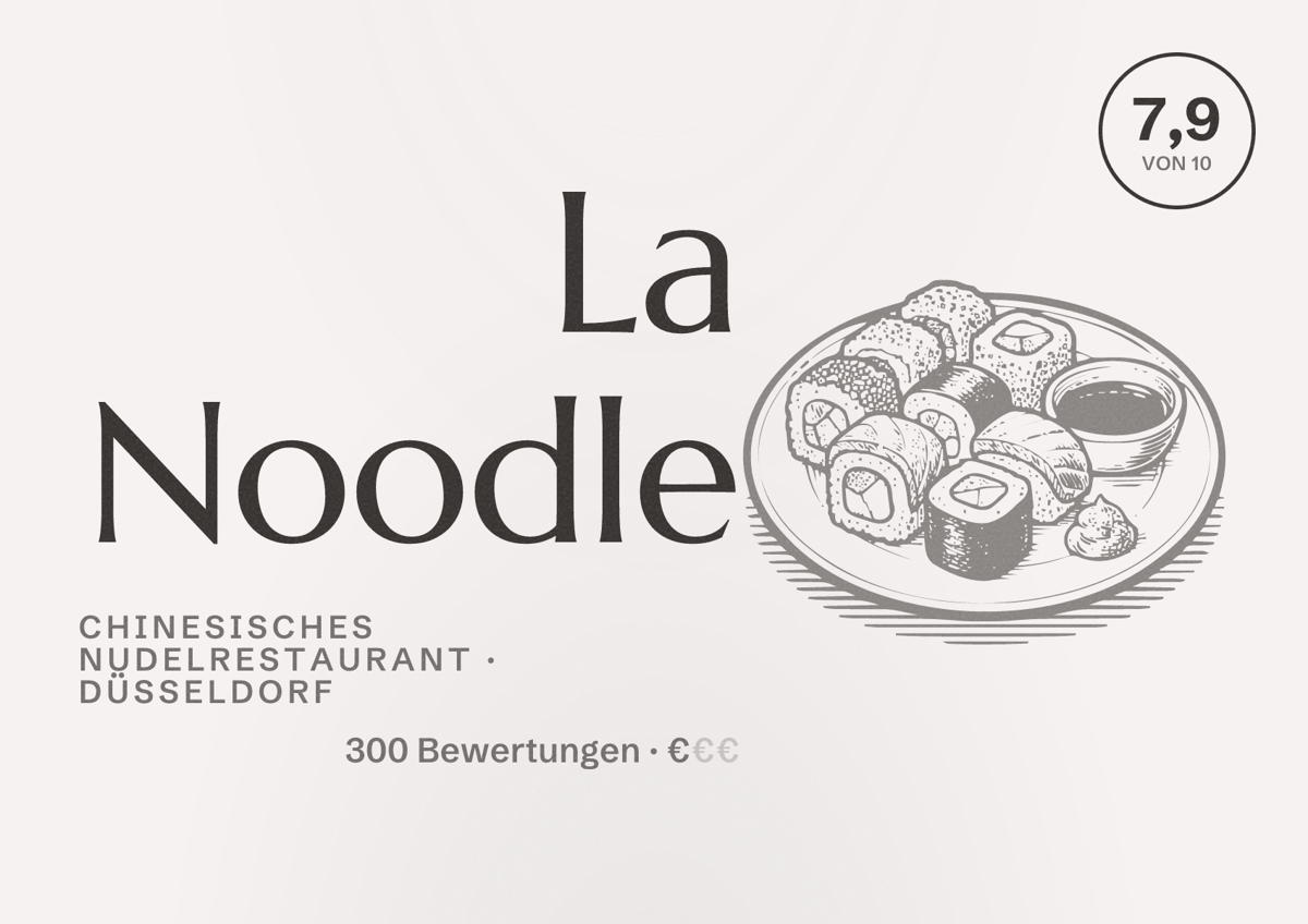 Illustriertes Poster von La Noodle, Chinesisches Nudelrestaurant in Düsseldorf: Bewertung 7,9 von 10 aus 300 Bewertungen, Preisniveau €
