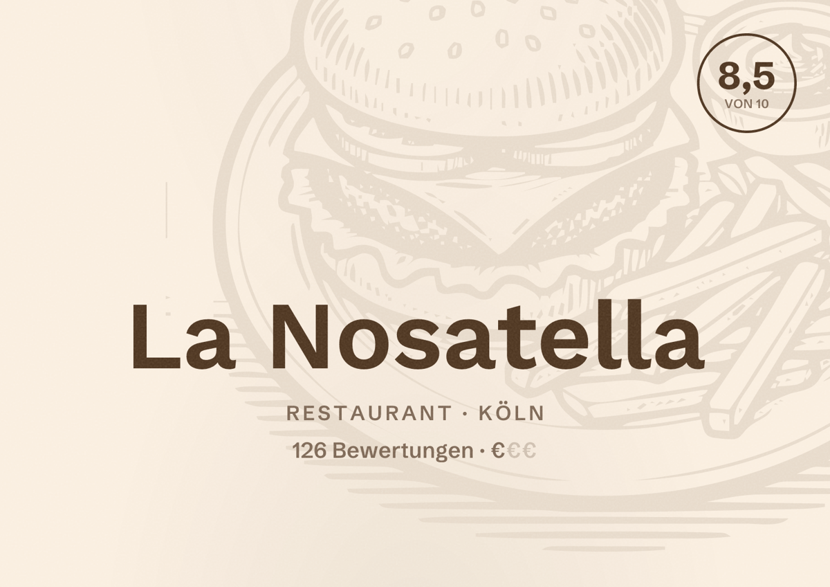 Illustriertes Poster von La Nosatella, Restaurant in Köln: Bewertung 8,5 von 10 aus 126 Bewertungen, Preisniveau €