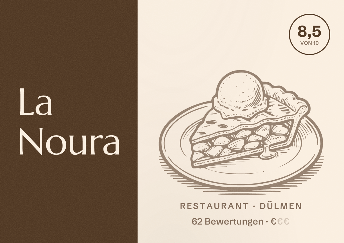 Illustriertes Poster von La Noura, Restaurant in Dülmen: Bewertung 8,5 von 10 aus 62 Bewertungen, Preisniveau €