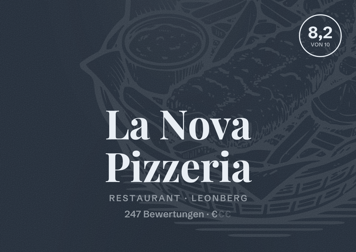 Illustriertes Poster von La Nova Pizzeria, Restaurant in Leonberg: Bewertung 8,2 von 10 aus 247 Bewertungen, Preisniveau €