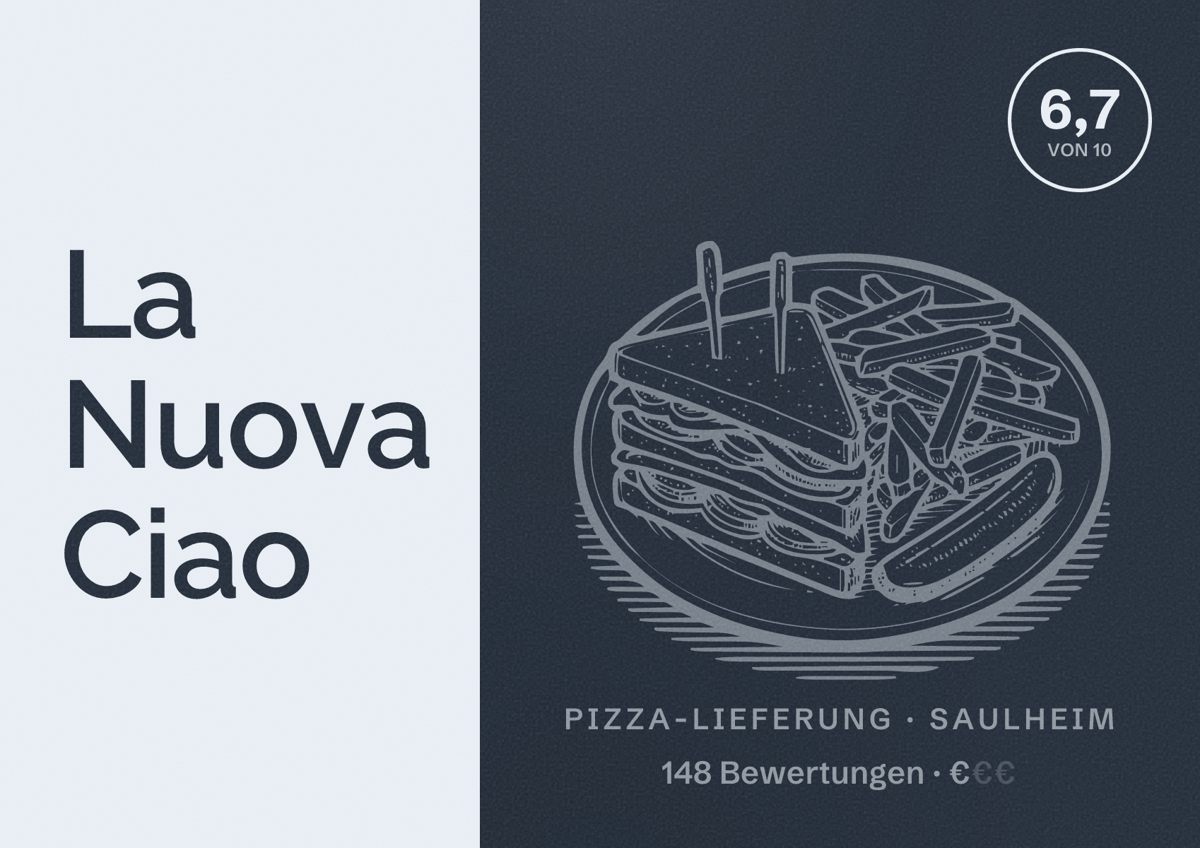 Illustriertes Poster von La Nuova Ciao, Pizza-Lieferung in Saulheim: Bewertung 6,7 von 10 aus 148 Bewertungen, Preisniveau €