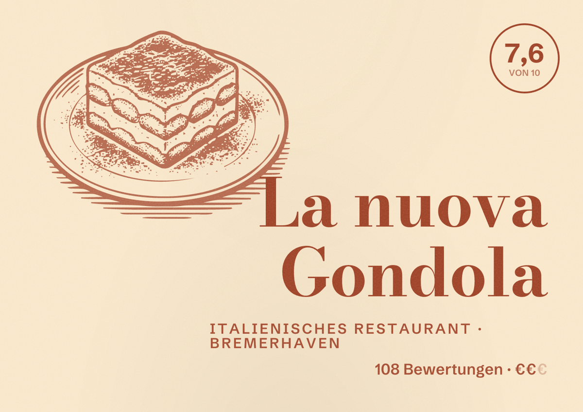 Illustriertes Poster von La nuova Gondola, Italienisches Restaurant in Bremerhaven: Bewertung 7,6 von 10 aus 108 Bewertungen, Preisniveau €€