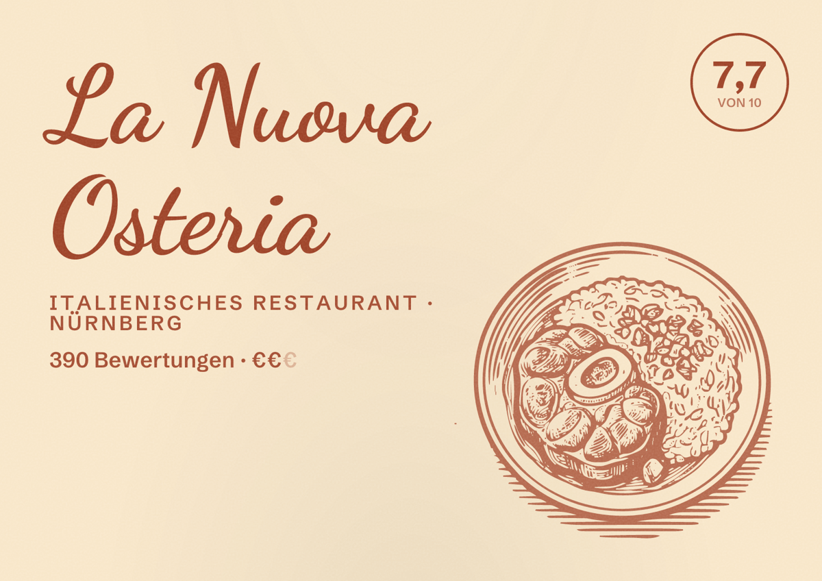 Illustriertes Poster von La Nuova Osteria, Italienisches Restaurant in Nürnberg: Bewertung 7,7 von 10 aus 390 Bewertungen, Preisniveau €€