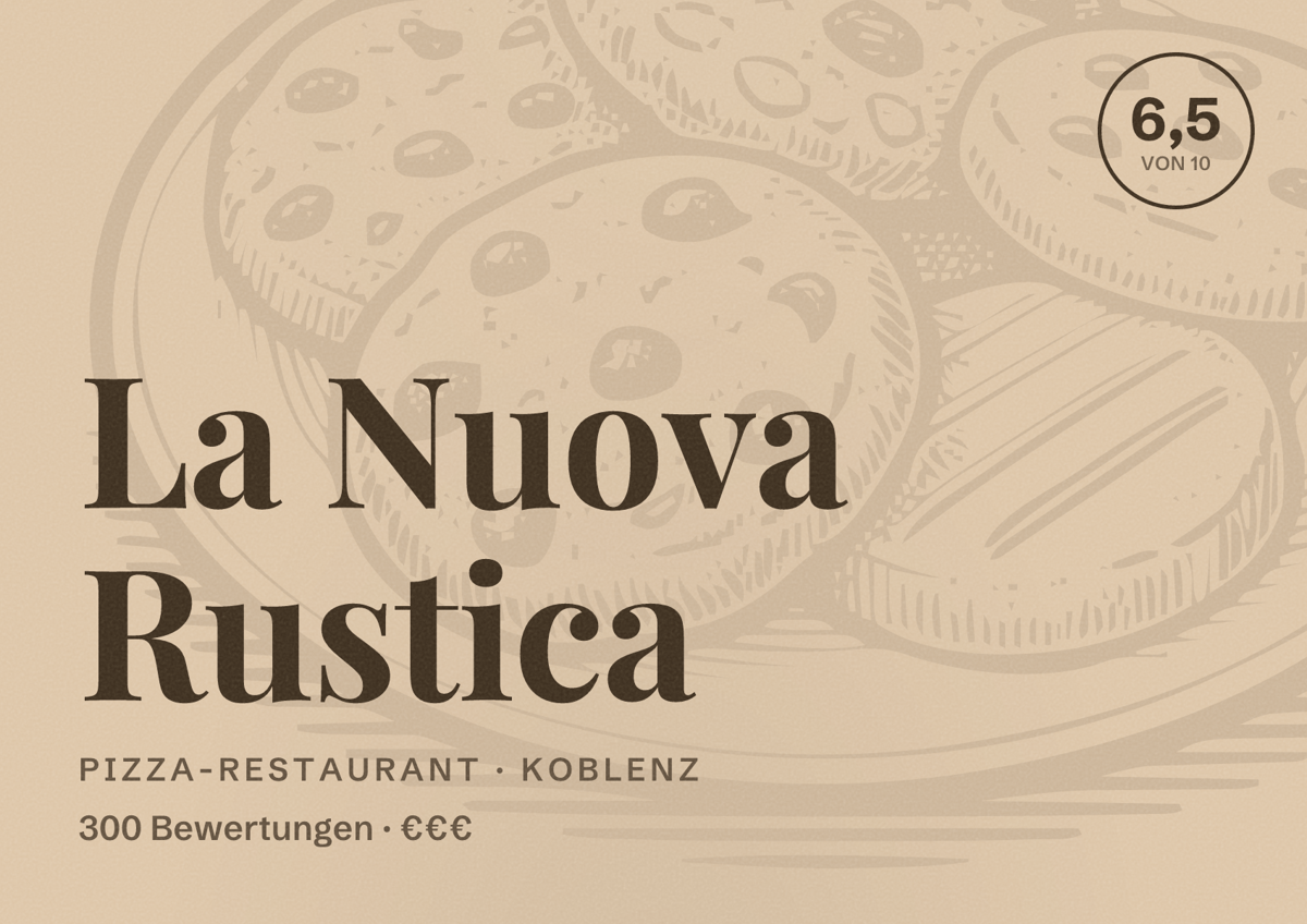 Illustriertes Poster von La Nuova Rustica, Pizza-Restaurant in Koblenz: Bewertung 6,5 von 10 aus 300 Bewertungen, Preisniveau €€€