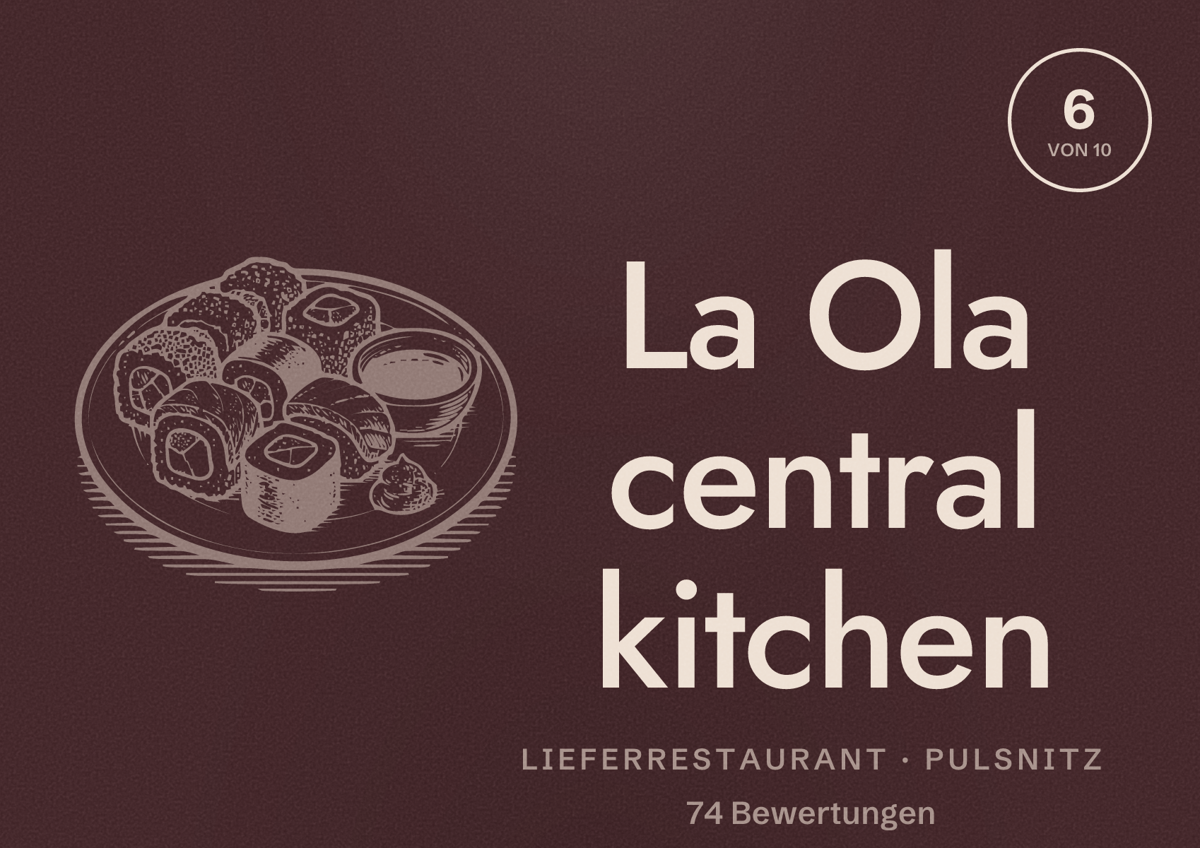 Illustriertes Poster von La Ola central kitchen, Lieferrestaurant in Pulsnitz: Bewertung 6 von 10 aus 74 Bewertungen