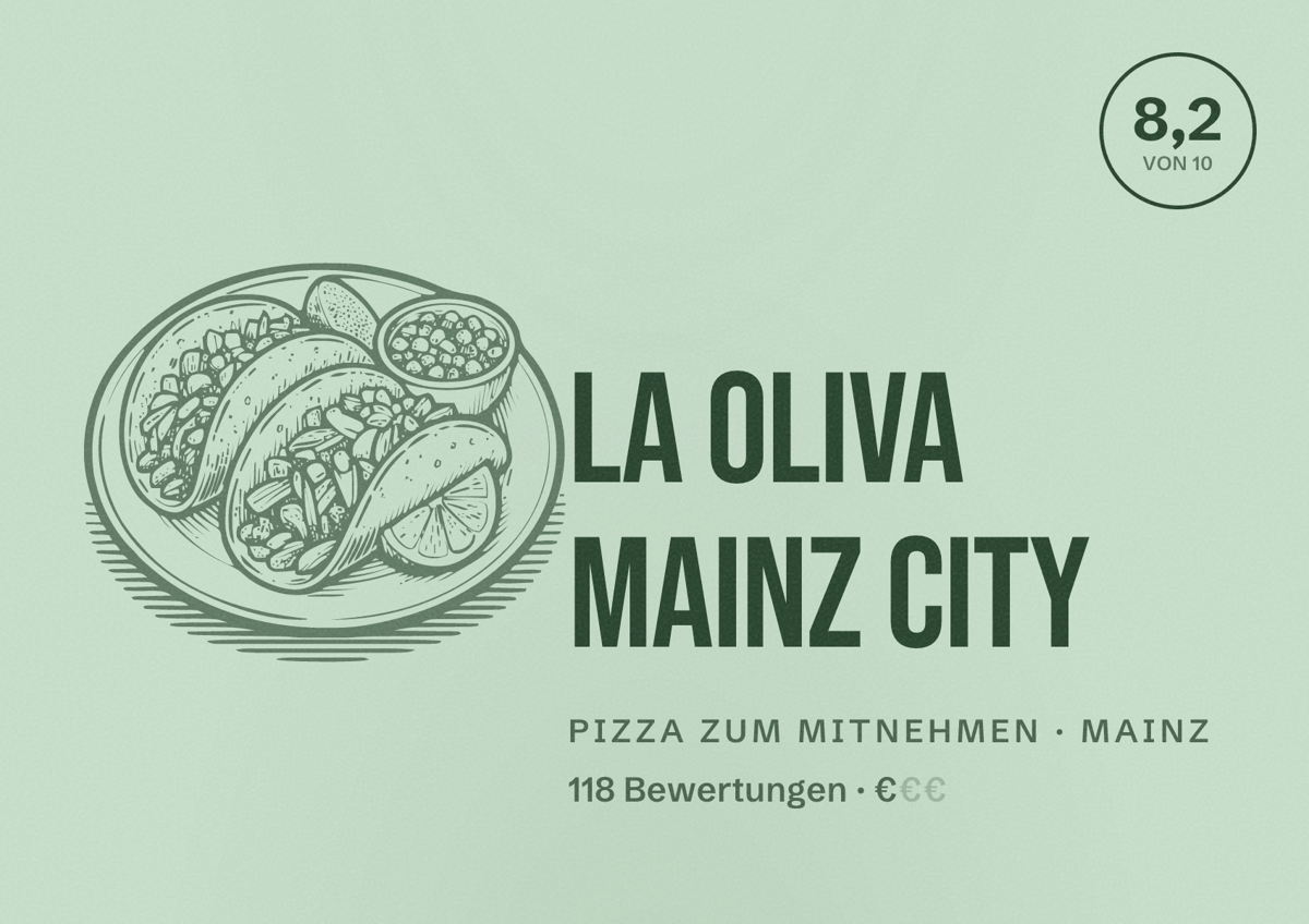 Illustriertes Poster von La Oliva Mainz City, Pizza zum Mitnehmen in Mainz: Bewertung 8,2 von 10 aus 118 Bewertungen, Preisniveau €