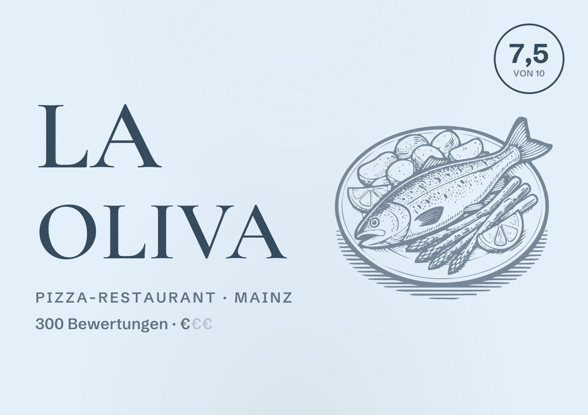 Illustriertes Poster von La Oliva, Pizza-Restaurant in Mainz: Bewertung 7,5 von 10 aus 300 Bewertungen, Preisniveau €