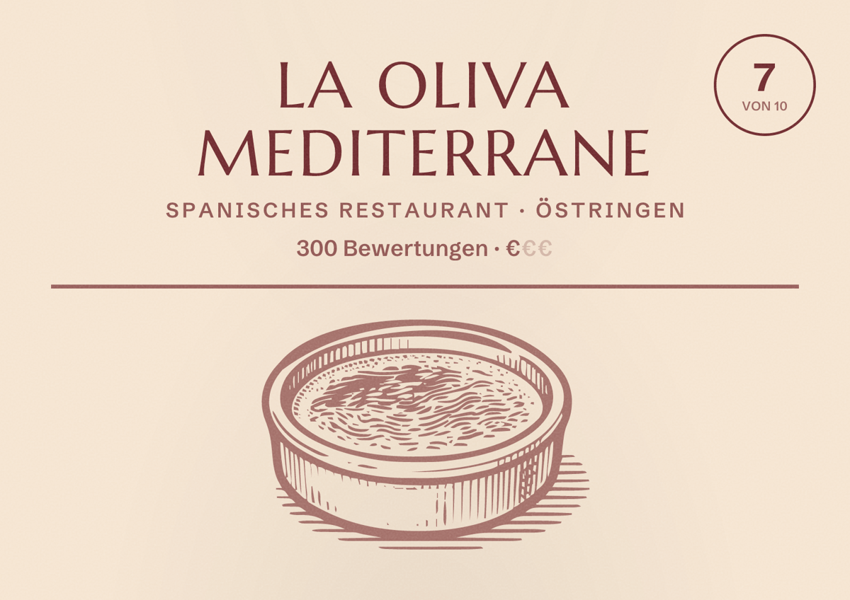 Illustriertes Poster von La Oliva Mediterrane, Spanisches Restaurant in Östringen: Bewertung 7 von 10 aus 300 Bewertungen, Preisniveau €