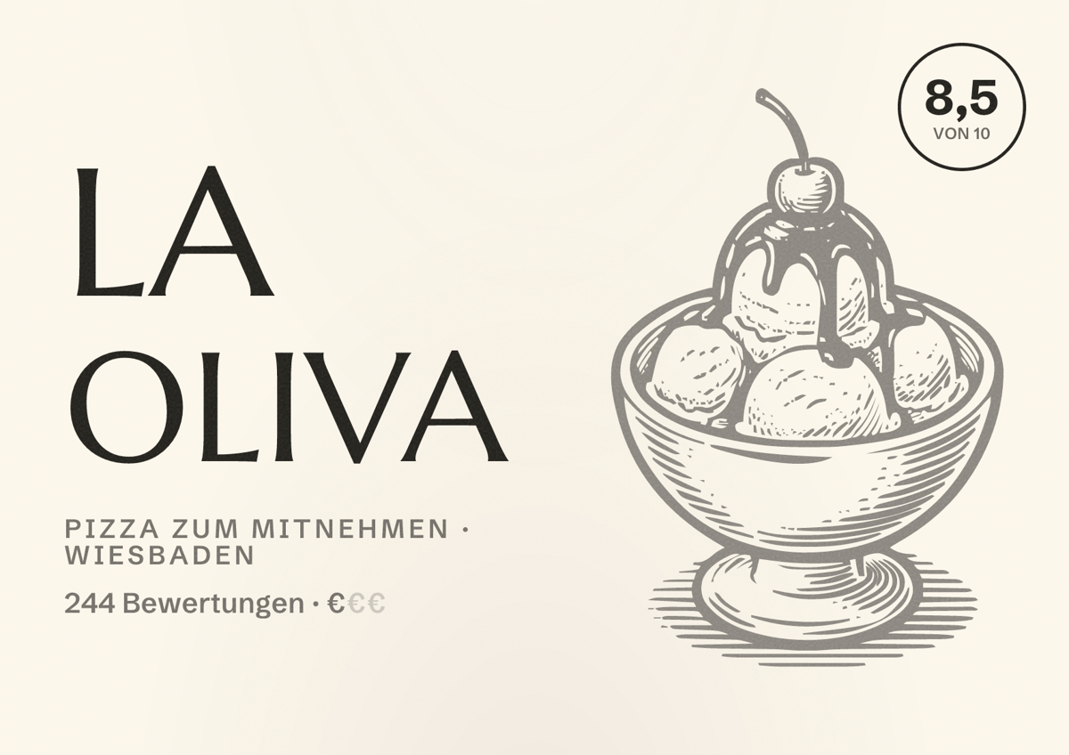 Illustriertes Poster von La Oliva, Pizza zum Mitnehmen in Wiesbaden: Bewertung 8,5 von 10 aus 244 Bewertungen, Preisniveau €