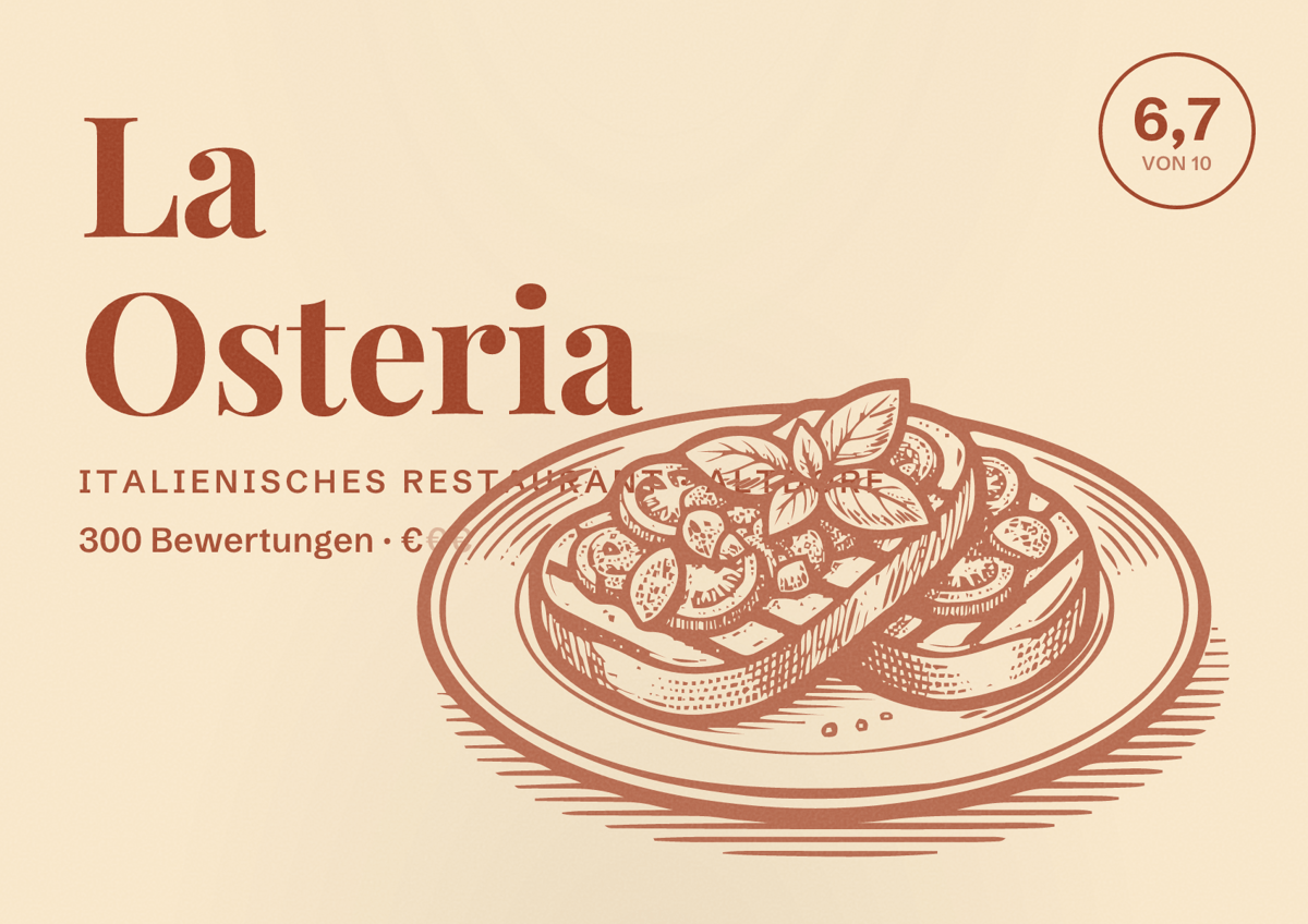 Illustriertes Poster von La Osteria, Italienisches Restaurant in Altdorf: Bewertung 6,7 von 10 aus 300 Bewertungen, Preisniveau €