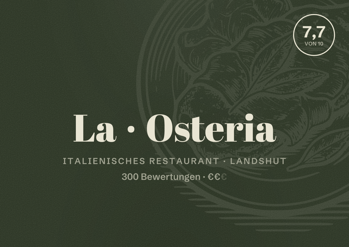 Illustriertes Poster von La Osteria, Italienisches Restaurant in Landshut: Bewertung 7,7 von 10 aus 300 Bewertungen, Preisniveau €€