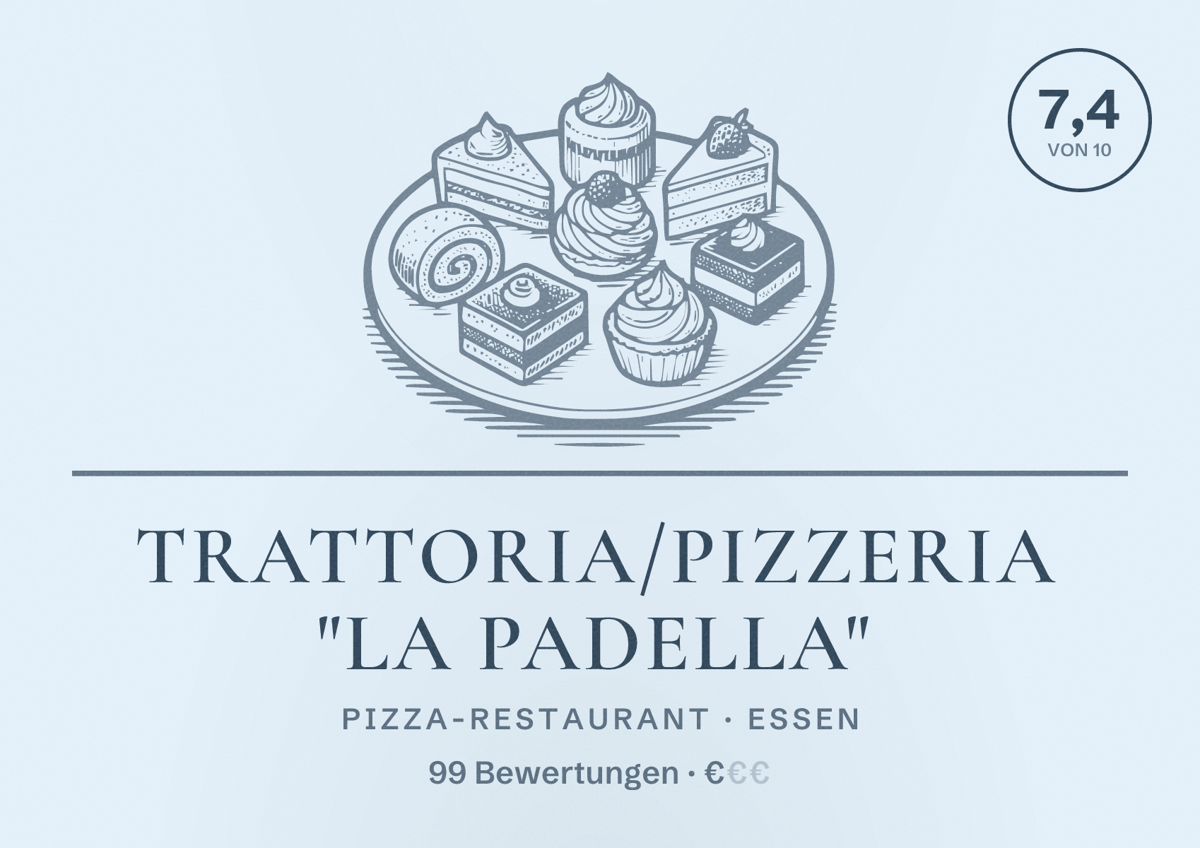 Illustriertes Poster von Trattoria/Pizzeria "La Padella", Pizza-Restaurant in Essen: Bewertung 7,4 von 10 aus 99 Bewertungen, Preisniveau €