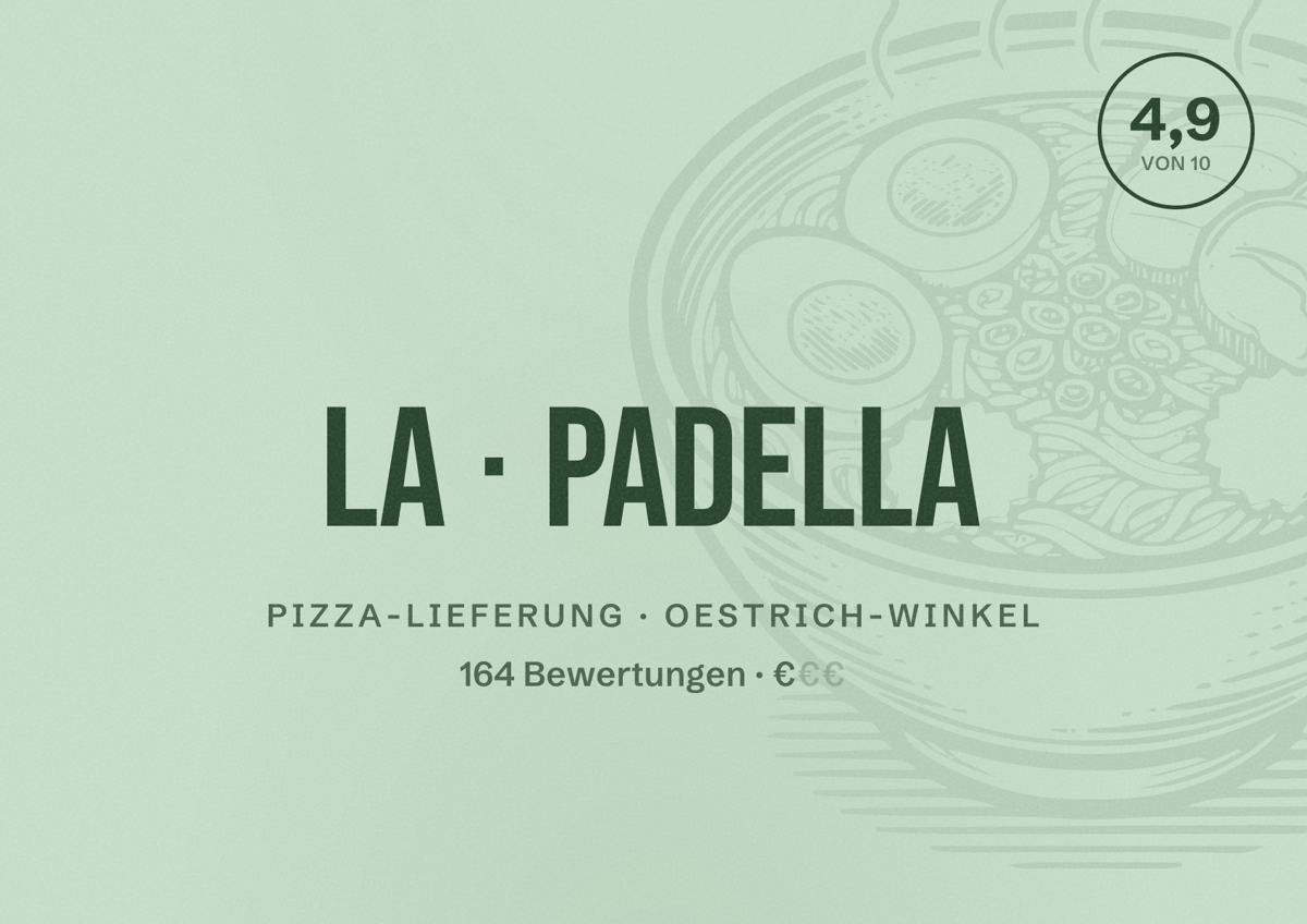 Illustriertes Poster von La Padella, Pizza-Lieferung in Oestrich-Winkel: Bewertung 4,9 von 10 aus 164 Bewertungen, Preisniveau €