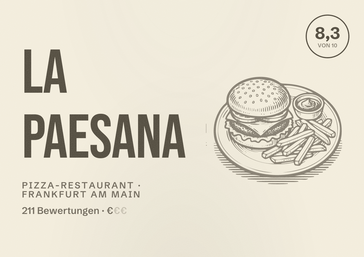 Illustriertes Poster von la paesana, Pizza-Restaurant in Frankfurt am Main: Bewertung 8,3 von 10 aus 211 Bewertungen, Preisniveau €