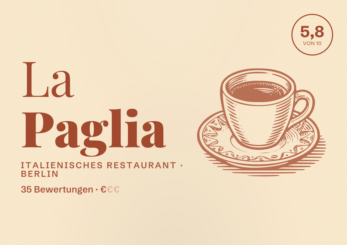 Illustriertes Poster von La Paglia, Italienisches Restaurant in Berlin: Bewertung 5,8 von 10 aus 35 Bewertungen, Preisniveau €