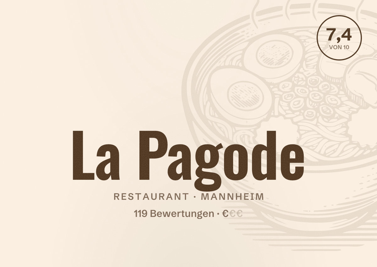 Illustriertes Poster von La Pagode, Restaurant in Mannheim: Bewertung 7,4 von 10 aus 119 Bewertungen, Preisniveau €
