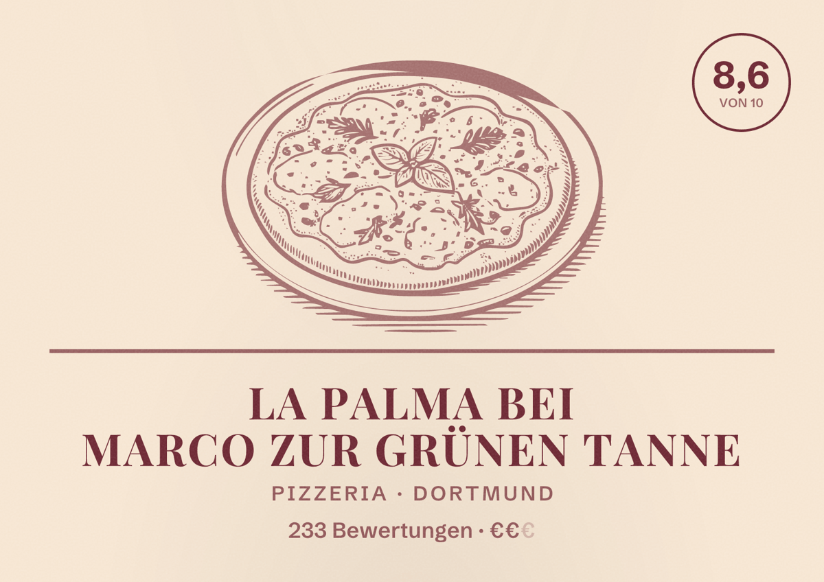 Illustriertes Poster von La Palma bei Marco zur grünen Tanne, Pizzeria in Dortmund: Bewertung 8,6 von 10 aus 233 Bewertungen, Preisniveau €€