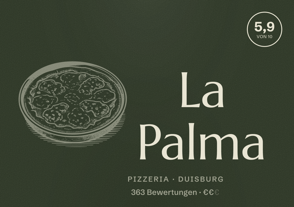 Illustriertes Poster von La Palma, Pizzeria in Duisburg: Bewertung 5,9 von 10 aus 363 Bewertungen, Preisniveau €€