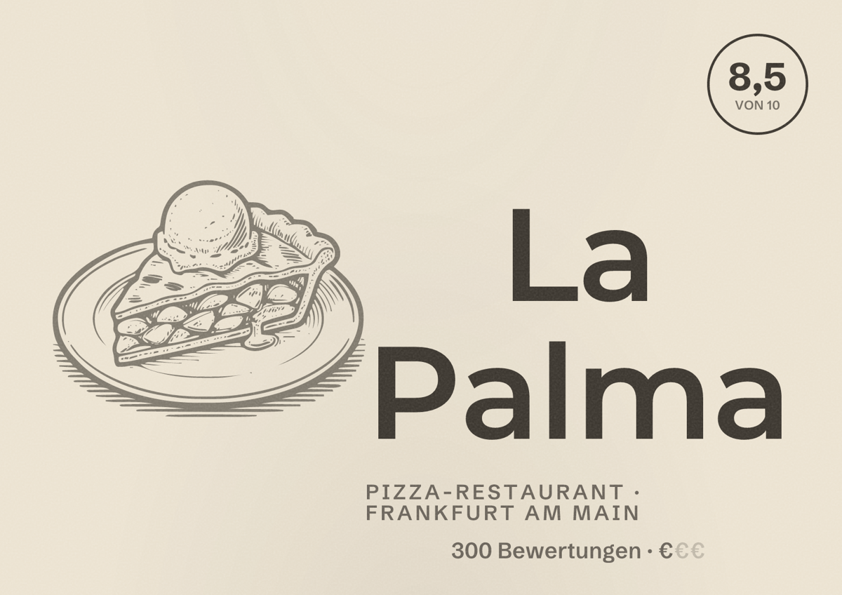 Illustriertes Poster von La Palma, Pizza-Restaurant in Frankfurt am Main: Bewertung 8,5 von 10 aus 300 Bewertungen, Preisniveau €